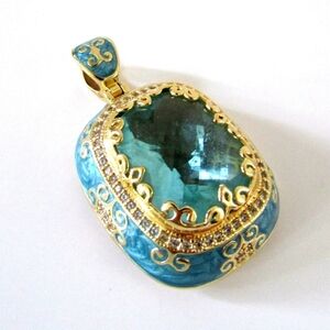 LGA Lori Greiner Aqua Enamel Statement Necklace Faceted Glass Gold Tone